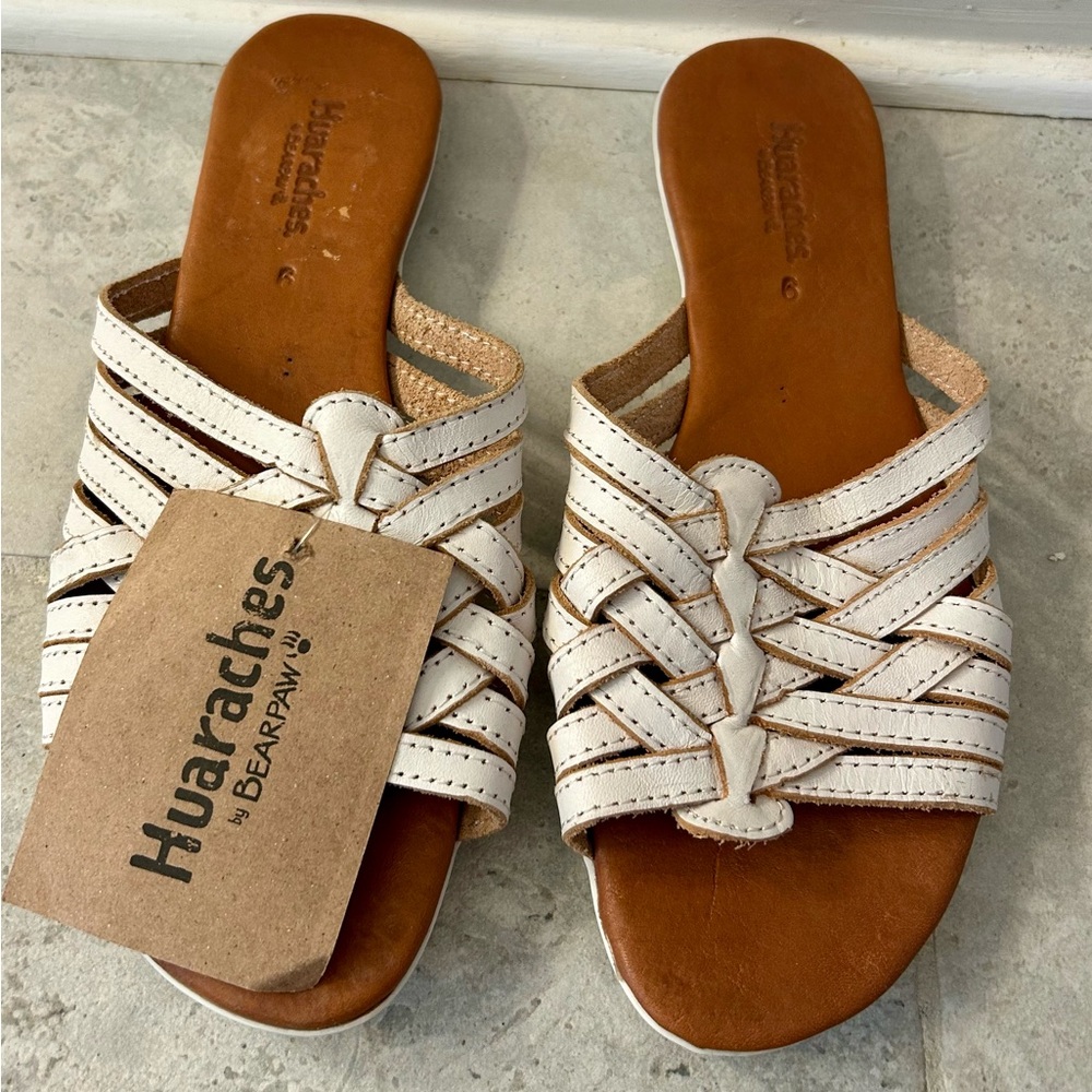 BearPaw White and Brown Sandals with Criss-Cross Straps